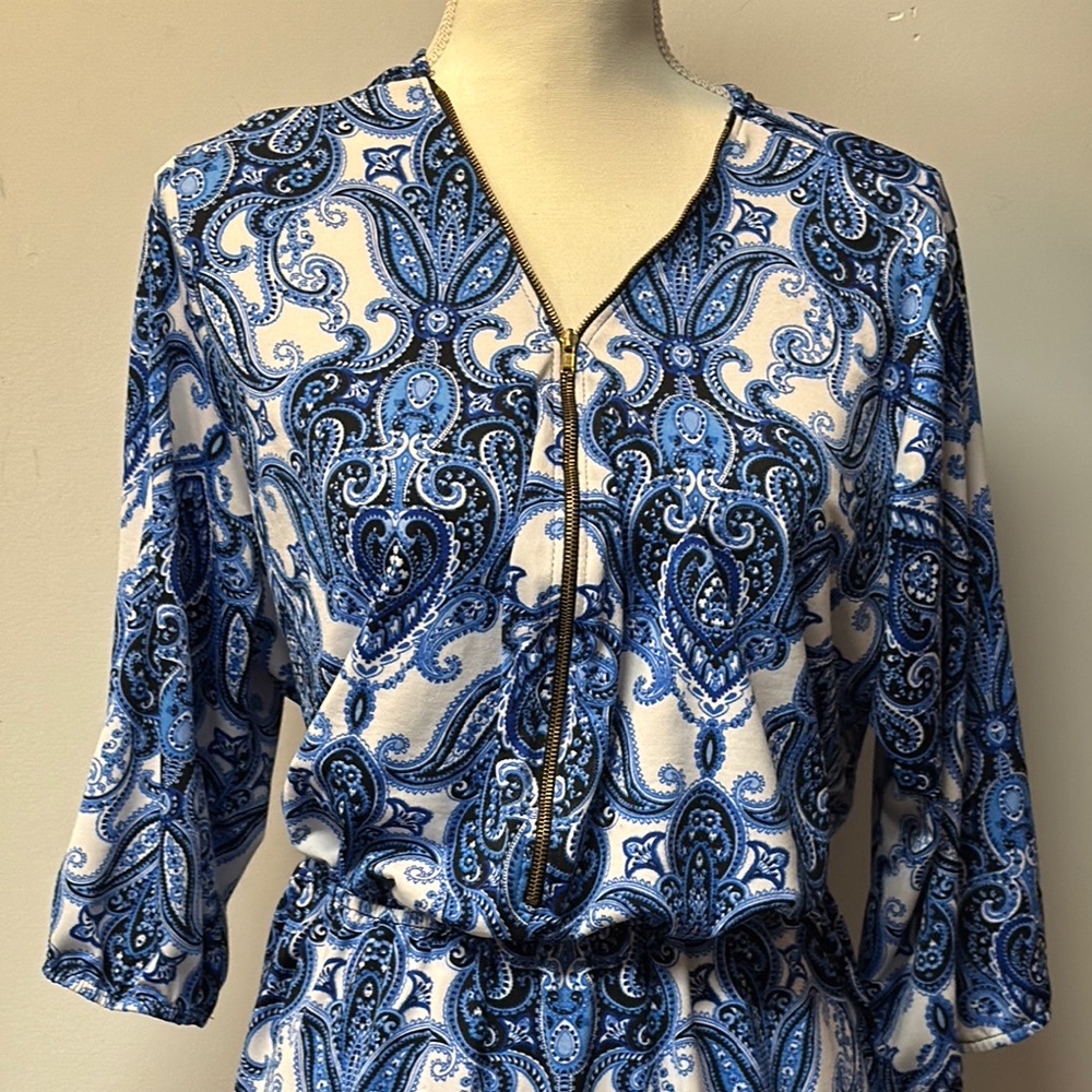 Expresso Dress Blue White Elastic Waist Zip Front V-neck Above Knee Plus Size 2X - Picture 2 of 9